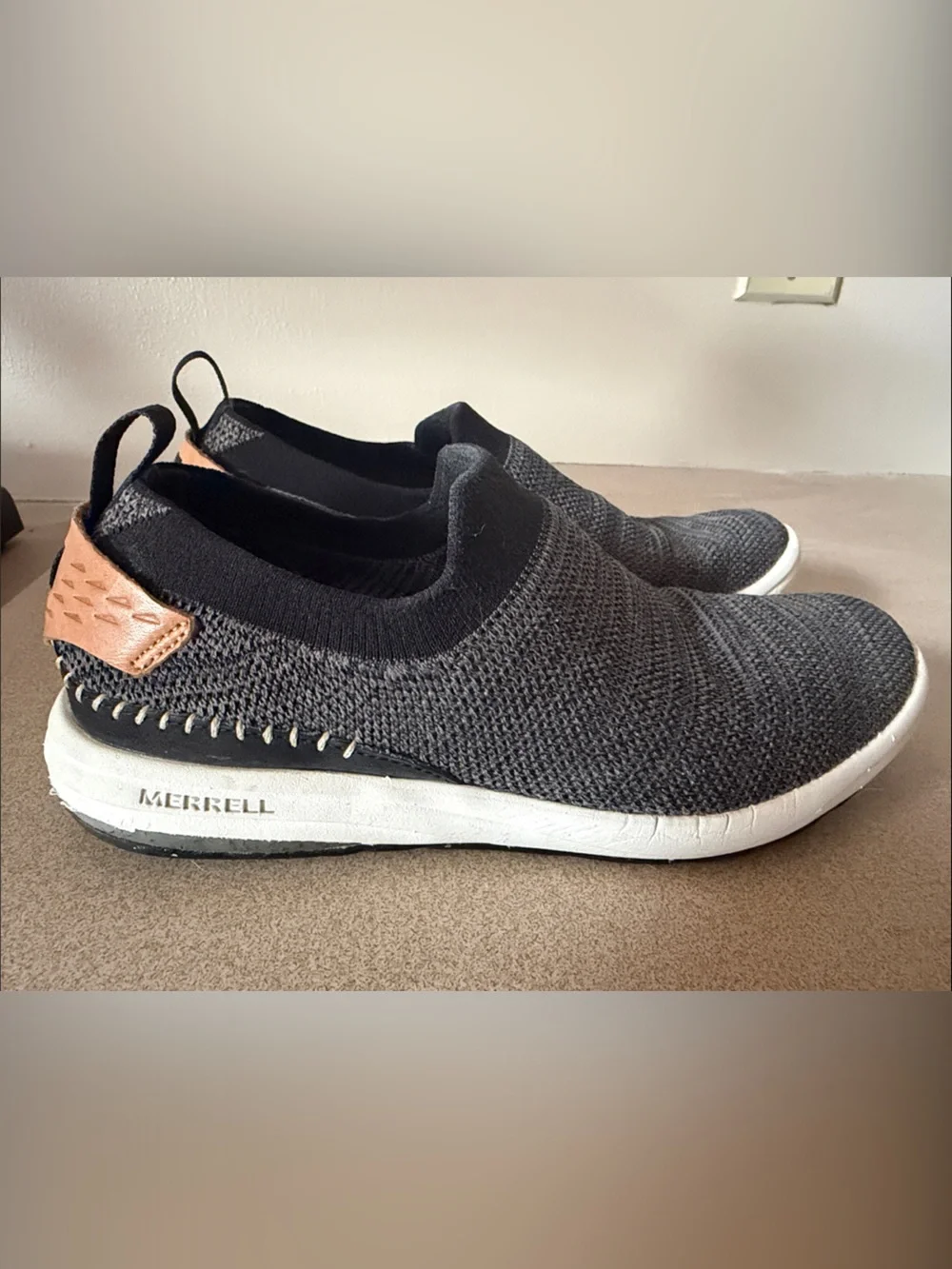 Merrell Women's Knit Slip-On Sneaker in Black with Tan Trim